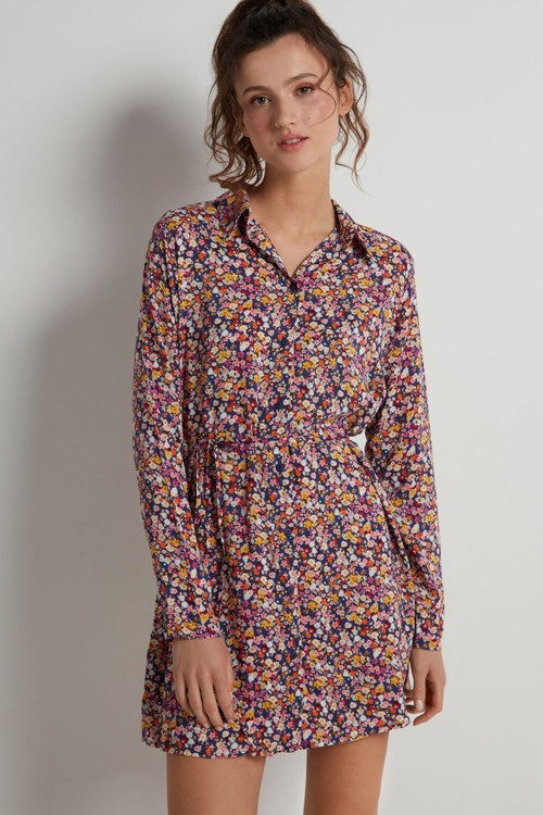 Tezenis Long Sleeve Viscose Cloth Shirtdress Niebieskie Kwiaty | 7803-MNBOY