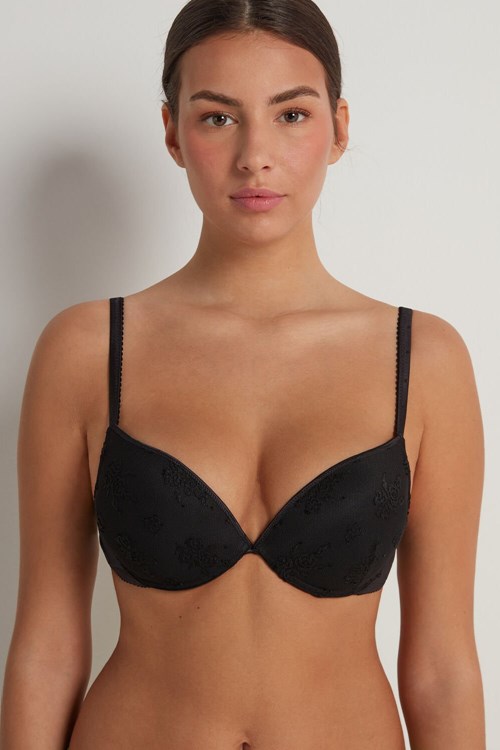 Tezenis Los Angeles Paradise Koronkowe Super Push-Up Bra Czarne Czarne | 6538-RBWFE