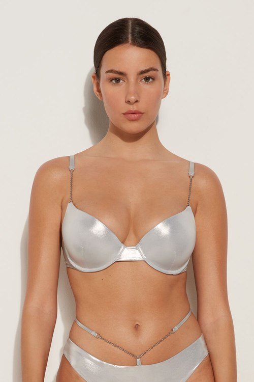 Tezenis Metallic Silver Watowany Push-Up Bikini Top Srebrne | 2763-GBAOW