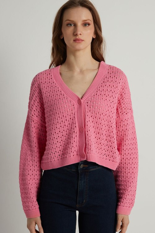 Tezenis Perforated Fully-Fashioned Krótkie Bawełniane Cardigan Różowe Różowe | 4017-OZYGA