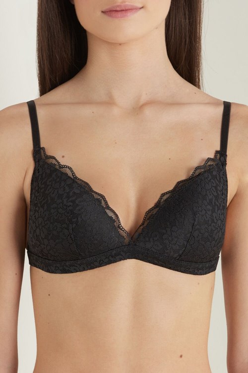 Tezenis Positano Koronkowe Watowany Triangle Bra Czarne Czarne | 1490-FNGLE