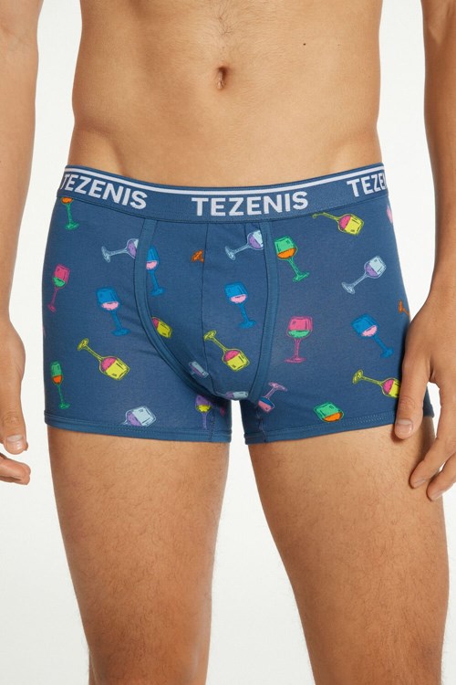 Tezenis Printed Bawełniane Logo Boxers with Contrasting Trim Niebieskie Niebieskie | 8716-MPOJC