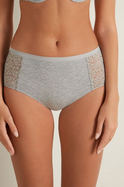 Tezenis Recycled Bawełniane and Koronkowe High-Leg Panties Szare Głęboka | 2804-QREZM