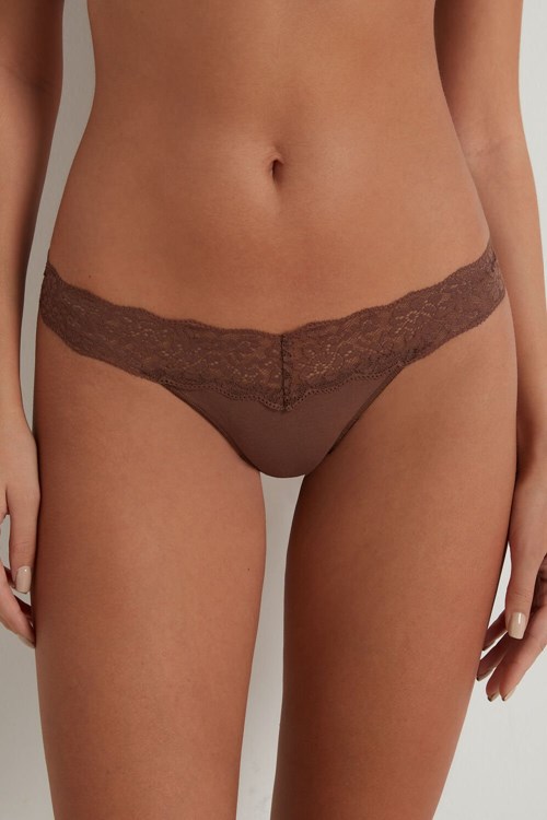 Tezenis Recycled Bawełniane and Koronkowe Brazilian Panties Brązowe Brązowe | 4879-ZUMAD