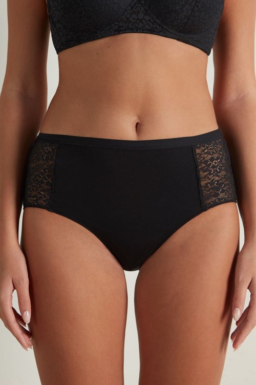 Tezenis Recycled Bawełniane and Koronkowe High-Leg Panties Czarne Czarne | 5306-IUOEX