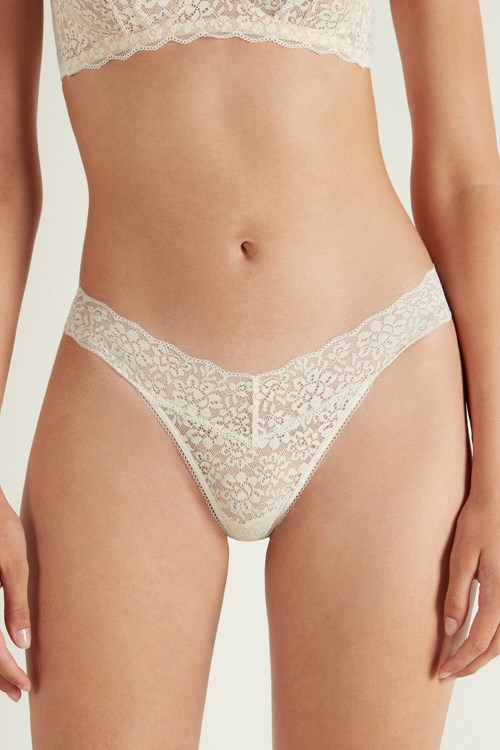 Tezenis Recycled Koronkowe High-Cut Stringi Kremowe | 2368-UYVCG