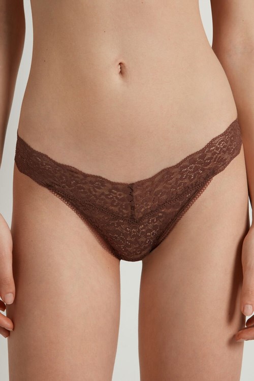 Tezenis Recycled Koronkowe High-Cut Stringi Brązowe Brązowe | 7913-HJDNZ