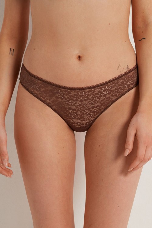 Tezenis Recycled Koronkowe Laser-Cut Microfiber Brazilian Panties Brązowe Brązowe | 4356-QMSJA