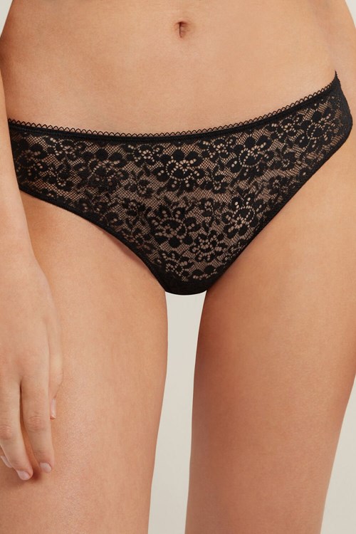 Tezenis Recycled Koronkowe Laser-Cut Microfiber Brazilian Panties Czarne Czarne | 9568-AKZFG