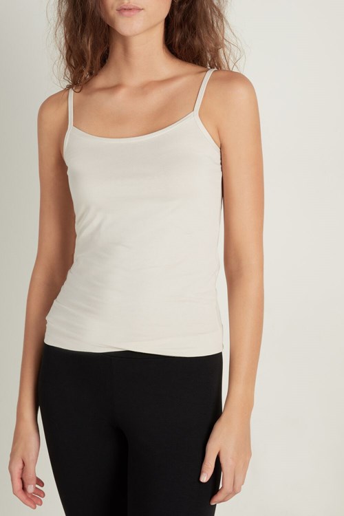 Tezenis Round-Neck Stretch Bawełniane Tank Top Kremowe | 1749-QLABJ