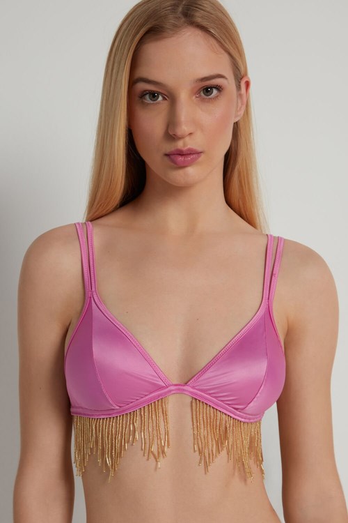 Tezenis Satin Triangle Bra with Beaded Fringe Różowe Różowe | 3428-EWQTL