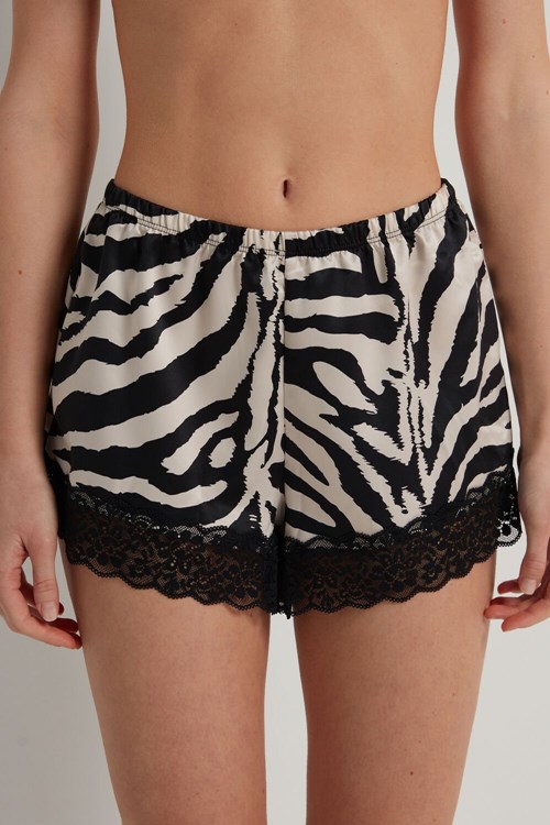 Tezenis Satin and Koronkowe Shorts Animal Milk White/Black Zebra Print 306v | 1483-UAGKX