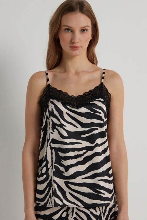 Tezenis Satin and Koronkowe Tank Top Animal Milk White/Black Zebra Print 306v | 4839-CRZUM