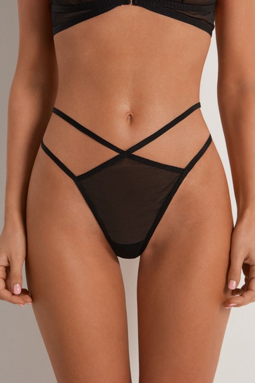 Tezenis Seduction Mesh Tanga String Stringi Czarne Czarne | 5297-NMUZF