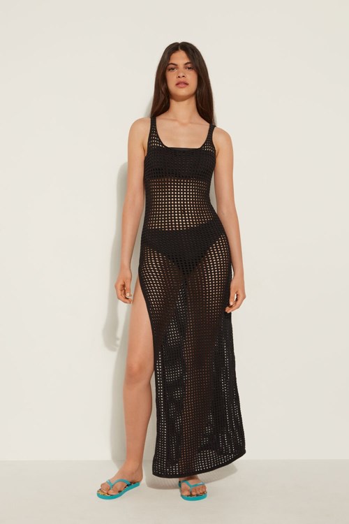 Tezenis Slit Long Sukienki in Mesh Crochet Czarne Czarne | 7983-XESIM