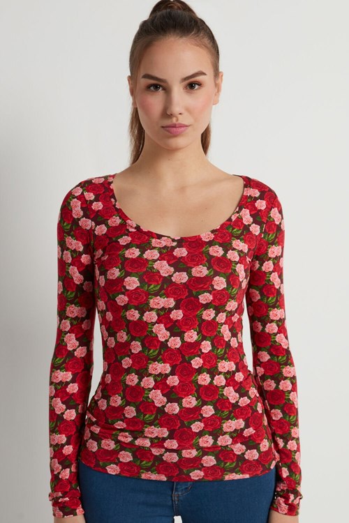 Tezenis Szerokie Neck Long Sleeve Top in Printed Viscose Czerwone Różowe | 3179-CHKMQ