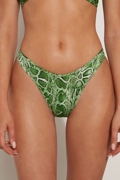 Tezenis Tropical Snake High-Cut Brazilian Bikini Bottoms Zielone Wąż | 4976-YFHJM