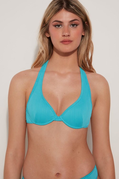 Tezenis Turquoise Żebrowany Recycled Microfiber Push-Up Bikini Top Niebieskie Turkusowe | 6932-FLIPT