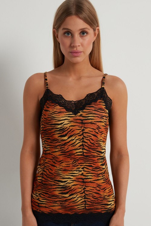 Tezenis V Neck Tank Top with Koronkowe Insert Animal Tiger Print 303v | 2693-PLIWF