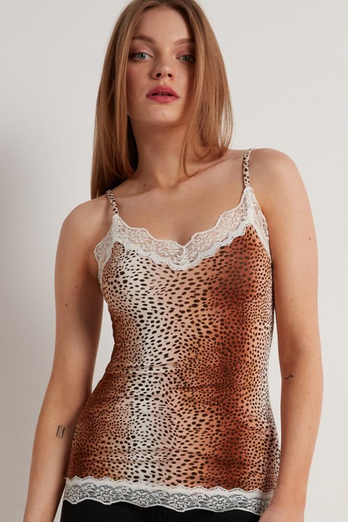 Tezenis V Neck Tank Top with Koronkowe Insert Animal Vintage Animal Print 614v | 3128-FMEQC