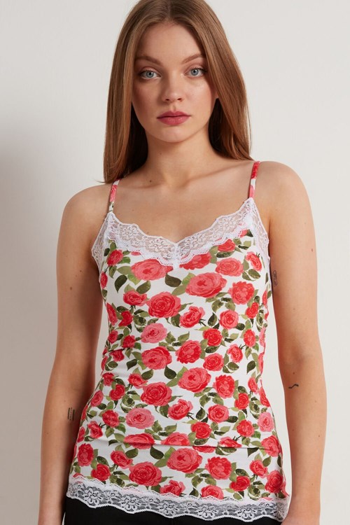 Tezenis V Neck Tank Top with Koronkowe Insert Różowe | 8074-EHKQM