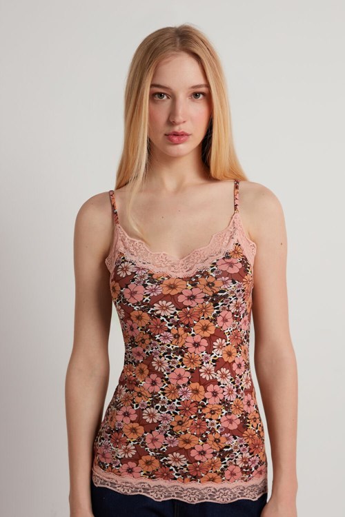 Tezenis V Neck Tank Top with Koronkowe Insert Floral Floral Animal Print 581v | 8306-BPRQZ