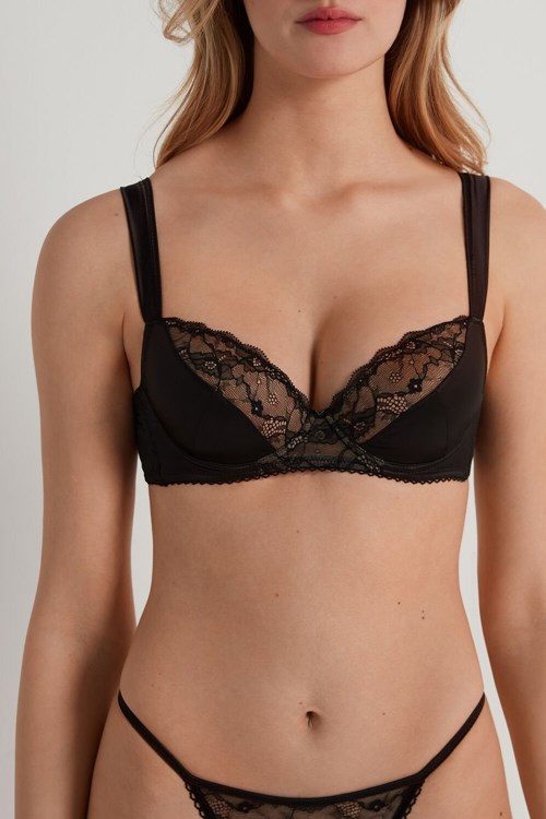 Tezenis Wien Hypnotic Koronkowe Lightly Watowany Balconette Bra Czarne Czarne | 1209-DIBHP