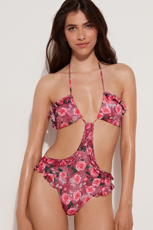 Tezenis Wild Roses Triangle One-Piece Swimsuit Różowe | 6384-GTLOY