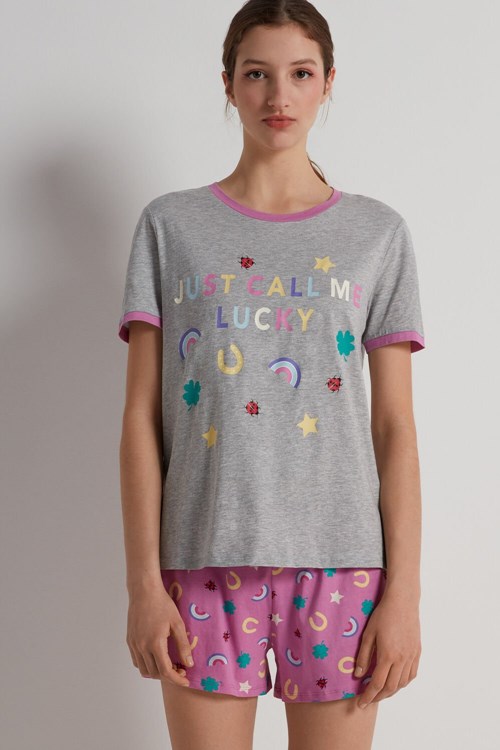 Tezenis “Lucky” Print Crew Neck Bawełniane Krótkie Pajamas Szare Głęboka | 1806-TWEIR