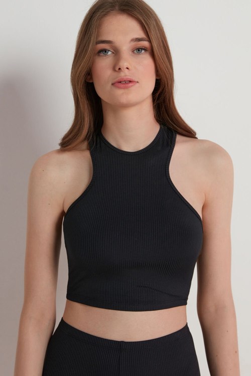 Tezenis Żebrowany Bawełniane Cropped Racerback Tank Top Czarne Czarne | 0256-HINZX