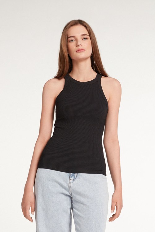 Tezenis Żebrowany Bawełniane Racerback Tank Top Czarne Czarne | 3065-DUMQC